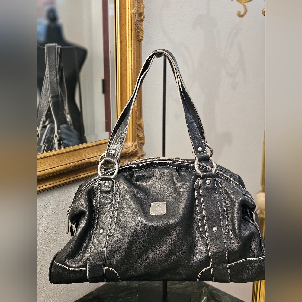 MCM Black Leather Bag with Silver Plate